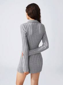 LYSMO Women Casual Solid Color Polo Collar Long Sleeve Fitted Knit Sweater Dress