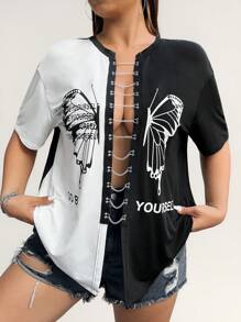 Coolane 大码女式标语、蝴蝶印花、链环、镂空、落肩短袖性感 T 恤，适合夏季 - 黑與白 - 查看 1