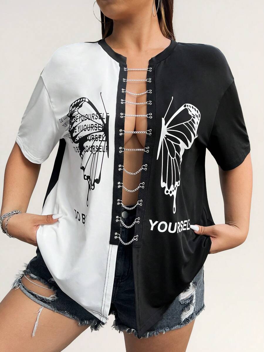 Coolane 大码女式标语、蝴蝶印花、链环、镂空、落肩短袖性感 T 恤，适合夏季 - 黑與白 - 查看 1