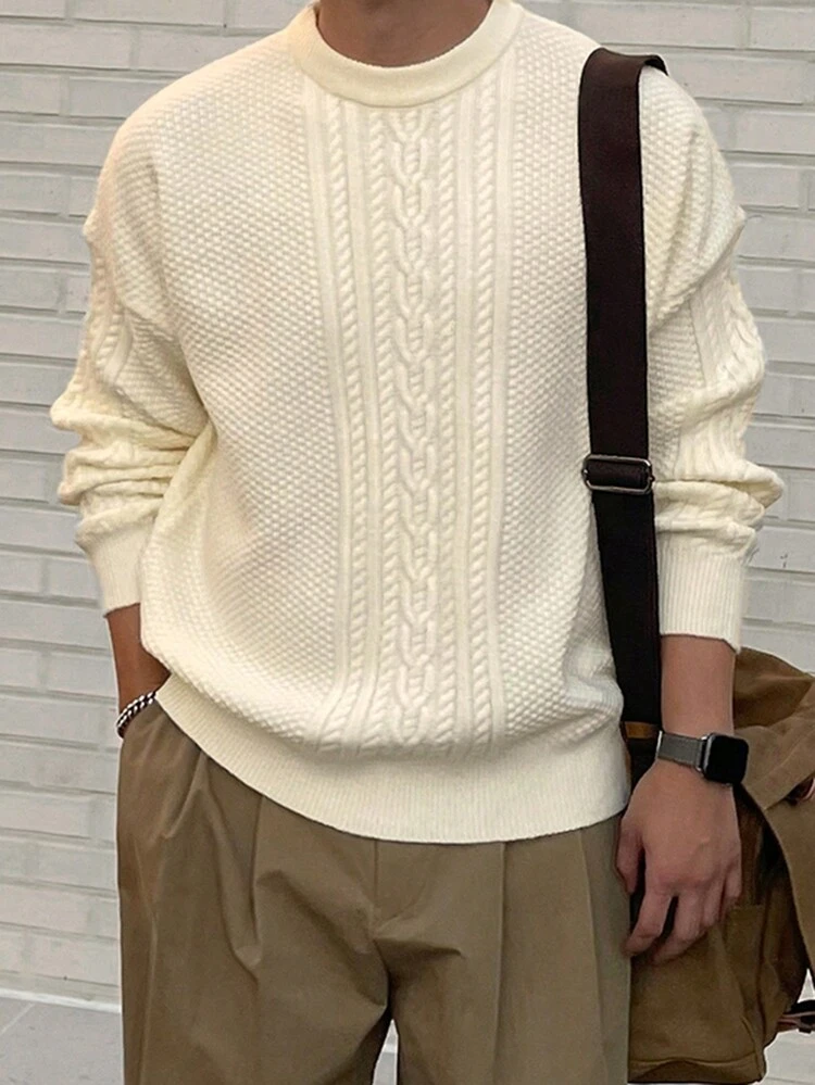 Men's Asymmetrical Twist Cable Cable Knit Sweater, White,Fall Clothes