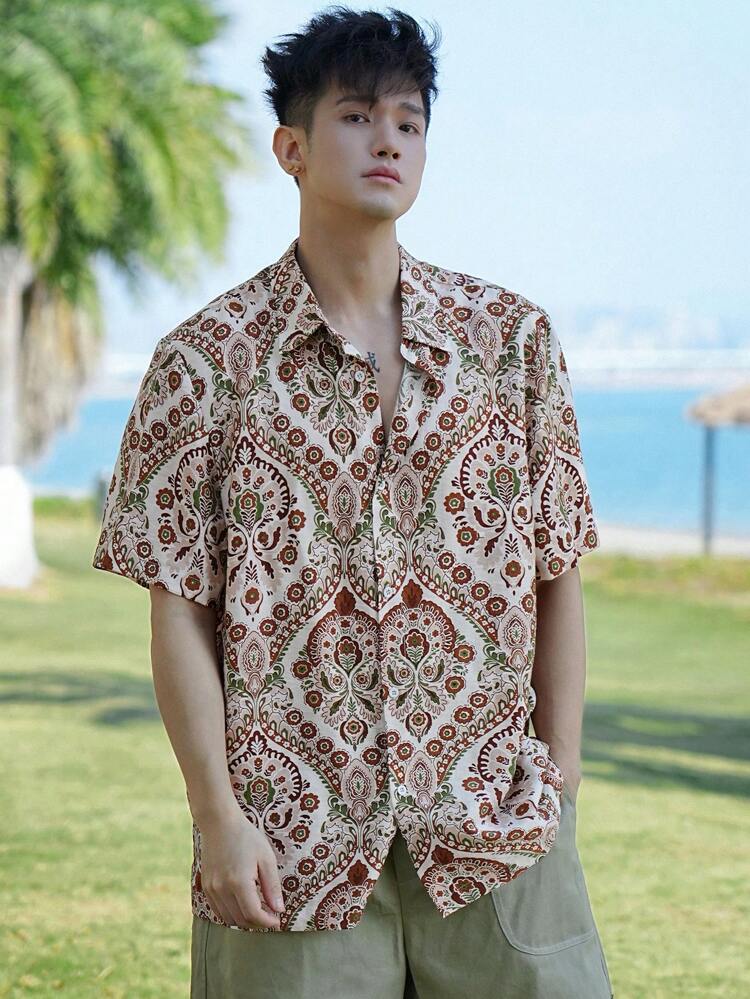 Men's Beach Vacation Floral Print Short Sleeve Shirt,Fall Clothes