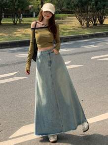 DAZY Women's Pocket Fringed Hem Long Casual Denim Skirt Jeans Skirt - Blue - View 2