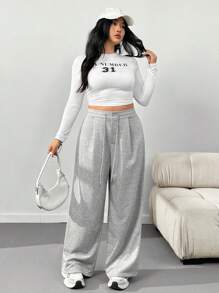 CovetEZ Plus Size Button Front Tie Waist Casual Pants - Grey - View 6