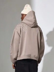 SUMWON Premium Streetwear Hoodie Decorative Line Art Embroidered Pattern Oversized Casual Kangaroo Pocket Fall Winter Comfort Athletic Pullover Loungewear - Khaki - View 2