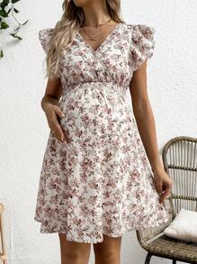 SHEIN Maternity Vacation Casual Ditsy Floral Ruffle Hem Dress - Pink - View 3