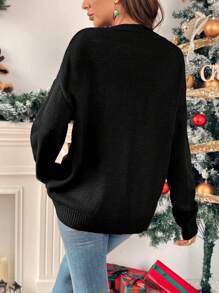 Chiquease Women's Letter Pattern Drop Shoulder Long Sleeve Pullover Sweater, Autumn/Winter Knit Pullover Fall Sweater - Black - View 2