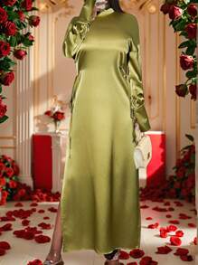 Slaydiva Women's Green Shiny Satin A-Line Split Hem Loose Dress, Suitable For Winter & Summer, New Year, Valentine's Day - Mint Green - View 1