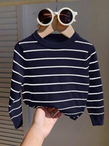 SHEIN 男宝宝中性休闲百搭黑白条纹弹力长袖圆领针织毛衣，适合幼儿园 - 彩色 - 查看 9