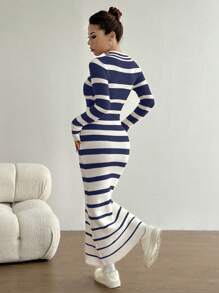 Flirla Casual Versatile Color Block Striped Long Sweater Dress