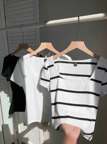 Comfortcana 3 件套大码黑白条纹纯色休闲 T 恤 - 彩色 - 查看 3