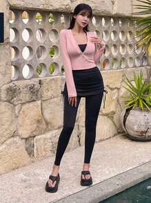 DAZY Women's Solid Color Fitted Elastic 2 In 1 Skirt With Spliced Leggings, Bowknot Waist Tie, Athleisure Appropriate For All Seasons Tights - Black - View 4