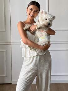 Livesso 纯色纹理荷叶边下摆吊带背心和阔腿裤波西米亚风夏季假日女式两件套 - 白色 - 查看 4