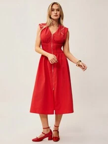 SHEIN Essnce 女士优雅纯色无袖中长连衣裙，腰部收褶