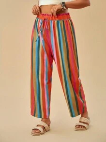 Travachic Plus Size Women's Brazilian Colorful Striped Tapered Leg Casual Pants