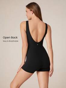 GLOWMODE 4.3英寸 FeatherFit™ 收腹侧袋连体衣 U型后背防滑口袋轻度支撑低冲击瑜伽馆健身房日常穿着 - 黑色 - 查看 4