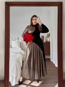 SHEIN Privé 大码女式不对称浪漫玫瑰金花卉贴花长裙，优雅立领黑色长裙，适合情人节 - 黑色 - 查看 1