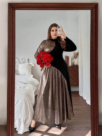 SHEIN Privé 大码女式不对称浪漫玫瑰金花卉贴花长裙，优雅立领黑色长裙，适合情人节