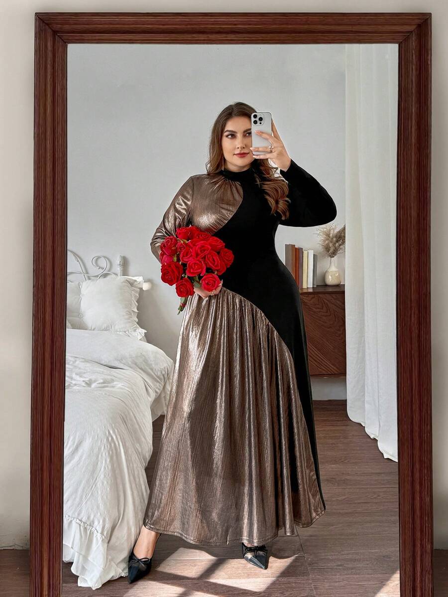 SHEIN Privé 大码女式不对称浪漫玫瑰金花卉贴花长裙,优雅立领黑色长裙,适合情人节 - 黑色 - 查看 1