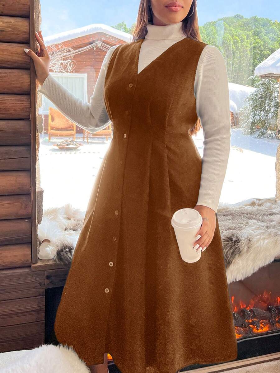 CovetEZ Plus Size Women Single-Breasted Casual Corduroy Dress, Autumn/Winter - Khaki - View 1