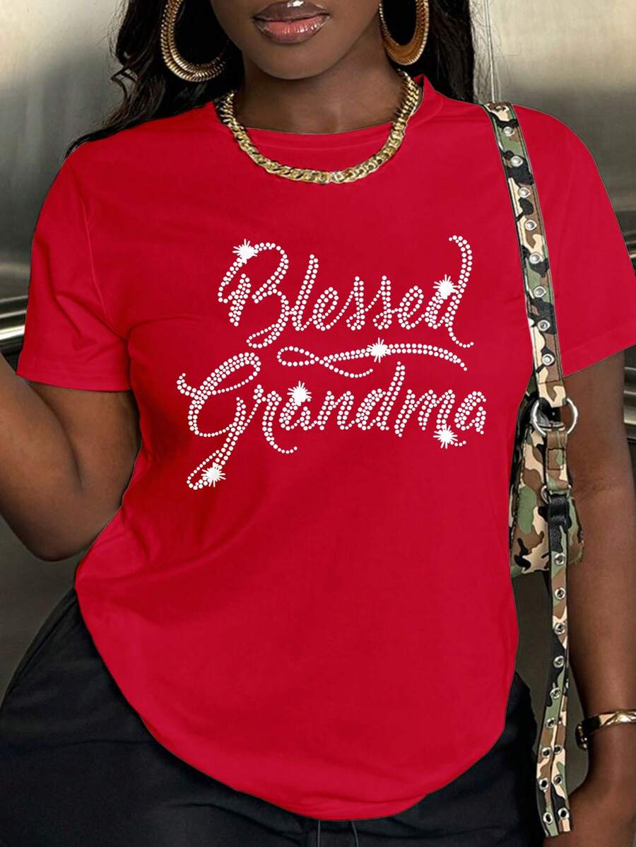 INAWLY Damen Lässig Rundhals Strass Buchstaben Muster Kurzarm T-Shirt für Neujahrskleider, Grafik-Tees Damen Oberteile - Rot - Übersicht 1