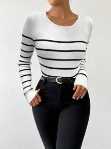 Chiquease 女式罗纹圆领长袖弹力修身 T 恤，百搭秋装 - 彩色 - 查看 5