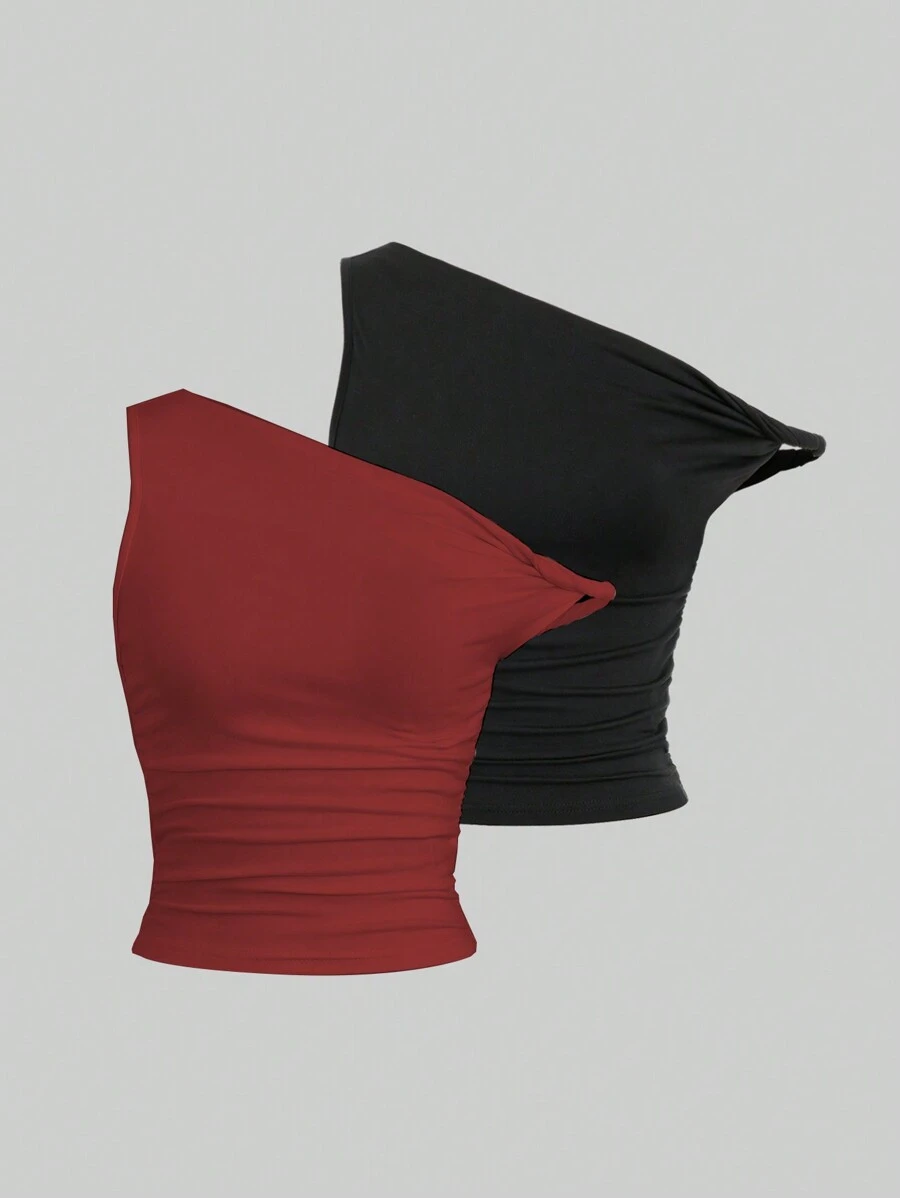 Sweetra 斜领褶饰针织上衣 & 扭结套装