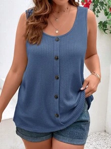 SHEIN VCAY Plus Size Women's Solid Color Round Neck Single Breasted Casual Tank Top - Blue - View 4