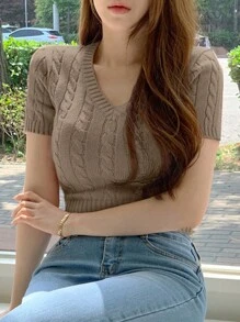 DAZY 女式短袖 V 领卡其色短款扭纹针织上衣，春夏 - 卡其色 - 查看 4