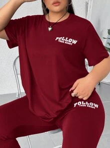 SHEIN EZwear 2 件套加大码圆领短袖字母印花休闲上衣和长裤套装 - 酒紅色 - 查看 5