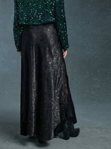 WESTFADE Western Mixed Media Floral Patterned Woven Jacquard & Lace Midi Skirt Spring Break Music Festival - Black - View 5