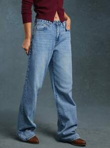 WESTFADE 优质中腰宽松直筒牛仔裤 - 藍色 - 查看 3