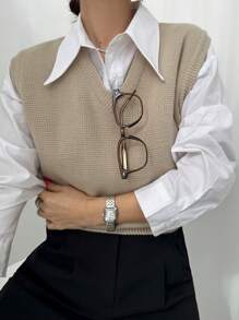 DAZY 女士 V 领修身纯色毛衣背心，春秋 - 駝色 - 查看 7