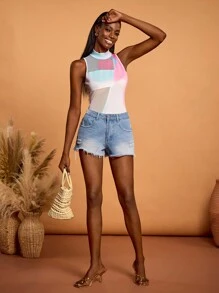 HEAVINZ LANE Designer Spring And Summer Sheer Ombre Contrast Mesh Neck Bodysuit, Vacation, Festival, Ibiza Fits - Multicolor - View 1