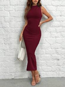 SHEIN PETITE Váy len bó co giãn cổ đứng cho nữ - Màu Đỏ Sâu - Xem 3