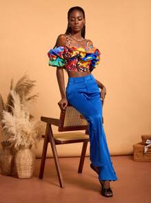 SHAQUITA GARCIA Top elegante de mujer con hombros descubiertos, dobladillo con volantes y estampado de multicolor de diseño bohemio, perfecto para vacaciones, primavera y verano, salir, festivales, Ibiza - Multicolor - Ver 1