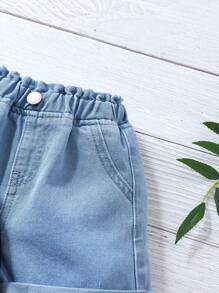 SHEIN 2pcs Baby Girl Denim Shorts Set, Blue & Black Color, Spring And Summer Casual Vacation Country Boho Wear, Beach Outfits