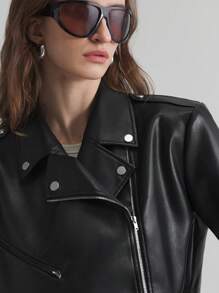 Ontre 女士黑色超大宽松机车短款 PU 金属拉链长袖夹克，适合情人节、春季