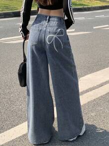 DAZY Women Front Button Pocket Simple Casual Bow Print Wide Leg Jeans Summer,Fall Clothes - Blue - View 4