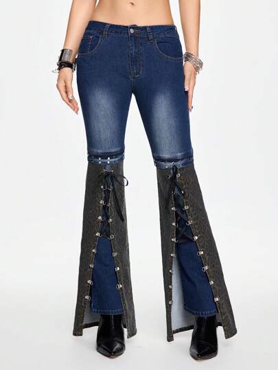 J-Fashion Pantalon à jambe évasée avec lien de ruban et imprimé léopard vintage pour femmes, style Y2K