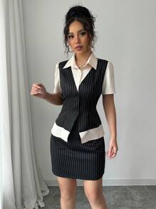 Elenzga 女士休闲条纹拼布二合一短袖衬衫