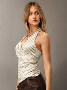 Siren Gaze Women's Summer Apricot Tight-Fit Deep V-Neck Halter Top With Diagonal Stripes Party Chic