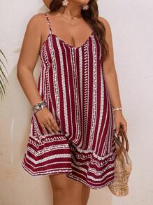 SHEIN VCAY Plus Size Boho Spaghetti Strap Striped Casual Short Dress, Sukienka na Lato