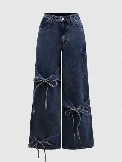 Kawaii Butterfly Strap Design Sweet Women Wide Leg Loose Fit Jeans, Versatile