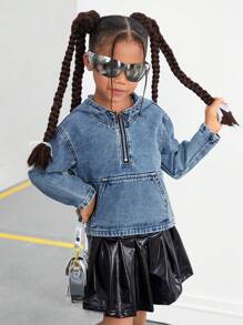 SHEIN 年轻女孩 Y2K 可爱幼儿蓝色牛仔连帽半拉链长袖上衣