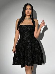 Allurite Plus Size Women Jacquard Halter Dress, Black, Valentine's Day, For Summer