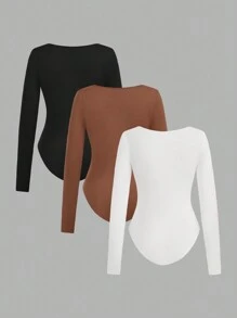 Muchica 3 件套女士休闲简约方领长袖紧身服装套装 - 彩色 - 查看 2