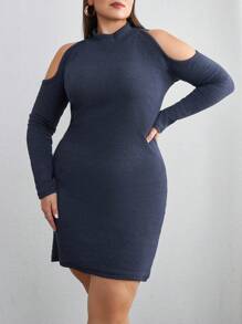 SHEIN Cottnline Plus Turtleneck Cold Shoulder Bodycon Dress - Dark Grey - View 4