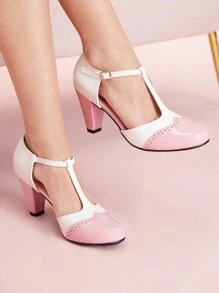 CUCCOO DOLLMOD 经典复古风格白色和粉色撞色女士高跟一脚蹬玛丽珍鞋 - 粉色 - 查看 5