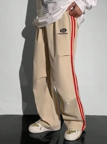 SHEIN Teen Boys Casual Loose Fit Khaki Pants With Oversized English Print, Sporty Street Stylish - Khaki - View 1