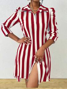 EMERY ROSE Casual Color Block Striped Bishop Sleeve Shirt Dress, Autumn